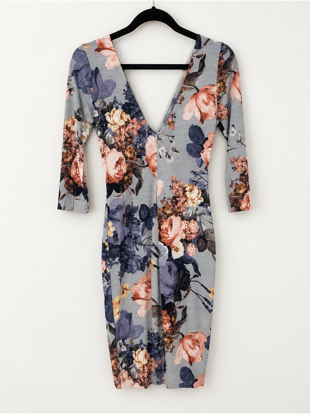 Fashion Nova Grey Floral Midi Dress with Pink and Navy Accents